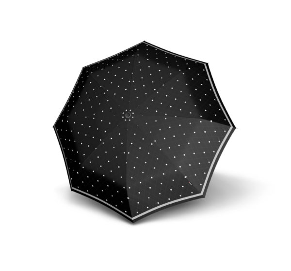 Moteriškas skėtis Knirps T200 Duomatic, juoda su atšvaitais, išskleistas